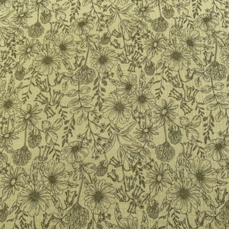Doble Gasa Flores fondo Verde Caqui Claro (Muselina)