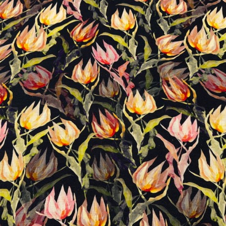 Viscosa Lino Estampado Flores fondo Negro